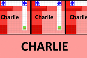 Tres paneles rojos con flechas azules y el texto Charlie, en un fondo rosado más grande con CHARLIE en letras negras