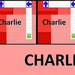 Tres paneles rojos con flechas azules y el texto Charlie, en un fondo rosado más grande con CHARLIE en letras negras