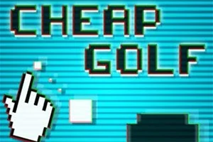 Fondo azul con texto pixelado CHEAP GOLF y un cursor de mano pixelada apuntando a la izquierda