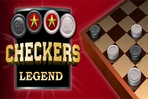 Tablero de damas en una esquina con fichas blancas y negras sobre un fondo rojo, junto a un texto que dice Checkers Legend