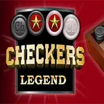 Tablero de damas en una esquina con fichas blancas y negras sobre un fondo rojo, junto a un texto que dice Checkers Legend