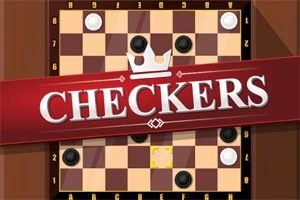 Tablero de ajedrez con fichas blancas y negras y un letrero rojo que dice CHECKERS