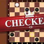 Tablero de ajedrez con fichas blancas y negras y un letrero rojo que dice CHECKERS
