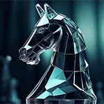 Caballo de cristal translúcido y facetado con piezas borrosas de fondo en un tablero de ajedrez
