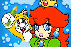 Princesa caricaturesca pelirroja con corona junto a un personaje con traje de gato amarillo sosteniendo un lápiz, sobre fondo azul con burbujas