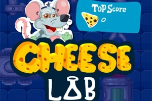 Ratón sonriente con gafas junto a la palabra Cheese Lab en letras amarillas, sobre un fondo azul de laboratorio