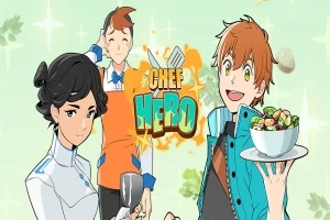 Tres personajes de estilo animado, uno con uniforme de chef, otro con delantal naranja y el último sosteniendo un plato de ensalada