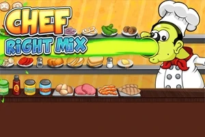 Un chef animado con un sombrero de cocinero mira una mesa llena de ingredientes variados, con el texto Chef Right Mix arriba