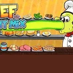 Un chef animado con un sombrero de cocinero mira una mesa llena de ingredientes variados, con el texto Chef Right Mix arriba