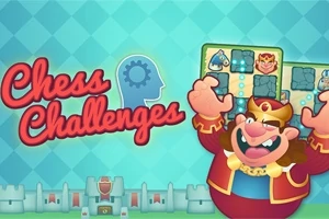 Un personaje caricaturesco con corona y capa sonríe, sosteniendo un tablero con piezas de ajedrez sobre un fondo azul con diseño de casillas, junto al texto Chess Challenges