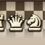 Iconos de piezas de ajedrez en un tablero marrón, incluyendo una torre, una reina, un caballo y un peón