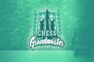 Logotipo con la palabra Chess Grandmaster y la silueta de piezas de ajedrez sobre un fondo de ladrillos verdes, junto a un sillón clásico