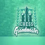 Logotipo con la palabra Chess Grandmaster y la silueta de piezas de ajedrez sobre un fondo de ladrillos verdes, junto a un sillón clásico