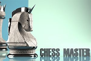 Caballo de ajedrez con un diseño metálico y gráfico de CHESS MASTER en el fondo