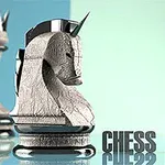 Caballo de ajedrez con un diseño metálico y gráfico de CHESS MASTER en el fondo