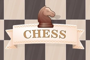 Caballo de ajedrez marrón sobre un tablero con la palabra CHESS en una pancarta