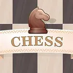 Caballo de ajedrez marrón sobre un tablero con la palabra CHESS en una pancarta