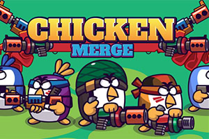 Ilustración caricaturesca de cinco pollos con equipo militar y gafas, sosteniendo armas, con el texto CHICKEN MERGE sobre un fondo verde