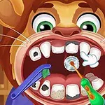 León caricaturizado con la boca abierta mostrando dientes dañados y herramientas de limpieza dental