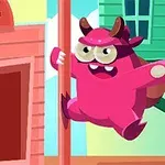 Un monstruo rosa con cuernos salta frente a un edificio de banco en un entorno colorido