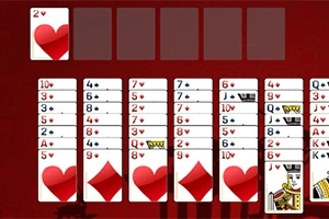 Cartas de baraja dispuestas en columnas y filas sobre un fondo rojo