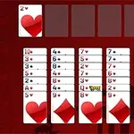Cartas de baraja dispuestas en columnas y filas sobre un fondo rojo