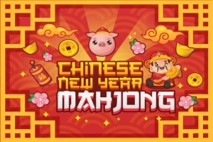 Ilustración con un cerdo rosado, una figura de niño con sombrero tradicional, monedas chinas doradas y flores sobre un fondo rojo con patrones y detalles amarillos