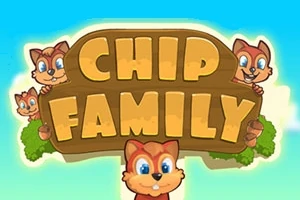 Un letrero de madera con la frase Chip Family rodeado de cinco ardillas de dibujos animados sobre un fondo azul