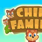 Un letrero de madera con la frase Chip Family rodeado de cinco ardillas de dibujos animados sobre un fondo azul