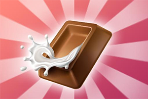 Barra de chocolate derritiéndose con leche salpicando sobre un fondo de rayos rosados