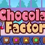 Texto Chocolate Factory con corazones en letras, fondo de fábrica y botones coloridos en la parte inferior