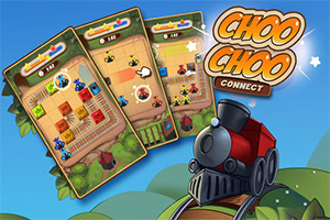 Tres tableros de juego con trenes de colores y un tren rojo en caricatura en un paisaje verde con el texto Choo Choo Connect