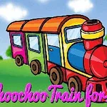 Tren colorido de dibujos animados con fondo de campo verde y cielo azul, acompañado del texto Choochoo Train for Kids
