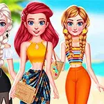 Tres personajes femeninos con cabello trenzado posan en la playa, vistiendo ropa veraniega colorida