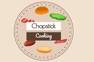 Logotipo circular con ingredientes de hamburguesa y las palabras Chopstick Cooking en el centro