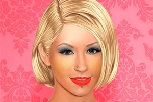 Retrato ilustrado de una mujer rubia con corte de cabello bob, maquillaje llamativo y fondo rosa decorativo