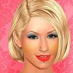 Retrato ilustrado de una mujer rubia con corte de cabello bob, maquillaje llamativo y fondo rosa decorativo