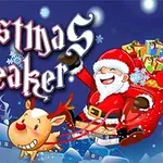 Santa Claus sonriente en un trineo rojo lleno de regalos, tirado por un reno, con nieve cayendo alrededor y un botón de Play