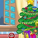 Mujer vestida elegantemente con atuendo invernal junto a un árbol de Navidad decorado con luces, esferas y regalos en una habitación acogedora