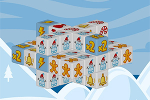 Cubos apilados con imágenes de muñecos de nieve, hombres de jengibre, campanas, rayos y caramelos sobre un fondo azul con motivos invernales y montañas
