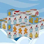 Cubos apilados con imágenes de muñecos de nieve, hombres de jengibre, campanas, rayos y caramelos sobre un fondo azul con motivos invernales y montañas