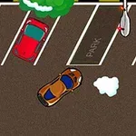 Un estacionamiento visto desde arriba con autos de colores estacionados y una nube de humo