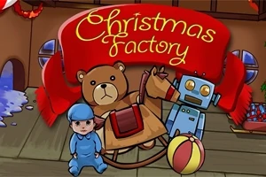 Un oso de peluche, un robot, un caballo de madera, un muñeco y una pelota con un fondo navideño y un cartel rojo