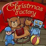 Un oso de peluche, un robot, un caballo de madera, un muñeco y una pelota con un fondo navideño y un cartel rojo