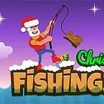 Un personaje con sombrero de Santa pesca un trineo pequeño, sobre un fondo festivo con el texto Christmas Fishing