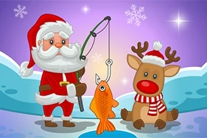 Santa Claus pescando un pez naranja con un reno mirando, en un paisaje nevado con copos de nieve en el cielo