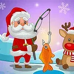 Santa Claus pescando un pez naranja con un reno mirando, en un paisaje nevado con copos de nieve en el cielo