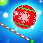 Una esfera roja con un copo de nieve blanco y patrones verdes en un fondo azul con pequeños destellos de luz y elementos festivos