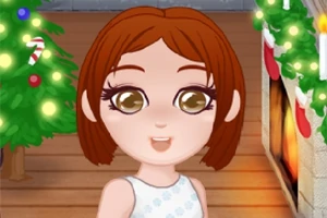 Personaje animado sonriente con cabello corto frente a una chimenea decorada para Navidad