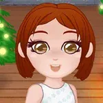 Personaje animado sonriente con cabello corto frente a una chimenea decorada para Navidad